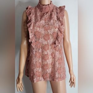 Cable & Gauge mock neck keyhole back, sleeveless burnout velour/lace look blouse